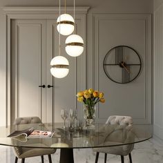 an elegant dining room with marble floors and white walls