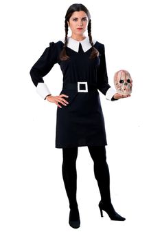 100% polyester costume, 100% polyurethane foam
Pullover dress has hook and loop fastener on the back of the neck
Foam collar and sleeve cuffs
Foam belt has fabric ties to secure around your waist
Officially licensed Adult Wednesday Addams Costume, Addams Family Halloween Costumes, Wednesday Addams Family, Wednesday Addams Outfit, Party City Costumes