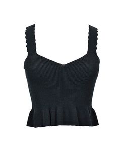 A sleeveless ribbed sweater Peplum Crop Top ! Good for by itself and layered with any inner tops. - Wavy Edge Straps - Peplum - Black color is available only Chic Ribbed Cami Top, Elegant Sleeveless Knit Crop Top, Elegant Ribbed Tank Top, Fitted Sleeveless Knit Top With Ruffles, Fitted Sleeveless Ruffle Knit Top, Elegant Ribbed Cropped Top, Sleeveless Knit Top With Ruffles, Wide Straps Top, Peplum Crop Top