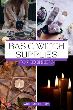 a woman sitting at a table with candles in front of her and the words basic witch supplies for beginners