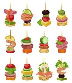 different types of food on sticks