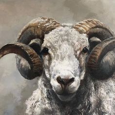 a painting of a ram with large horns on it's head, looking at the camera