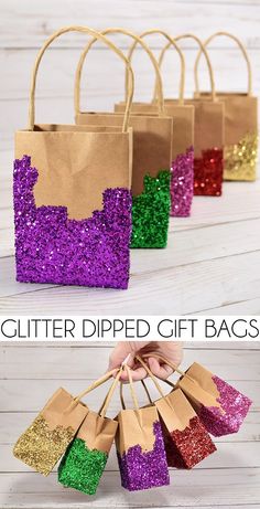 glitter dipped gift bags in different colors and sizes