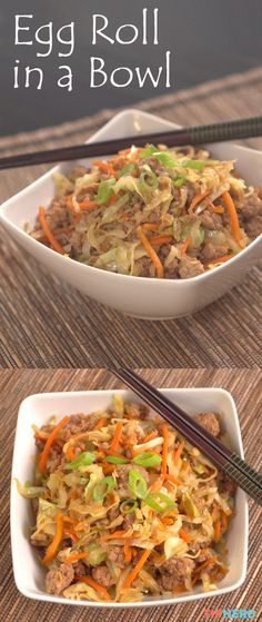 egg roll in a bowl with chopsticks on the side and an image of carrots