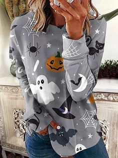 Gray Casual Graphic Tops Round Neck Long Sleeve Halloween Printed Sweatshirts Halloween Hoodies, Cat Prints, Casual Halloween, Halloween Tattoo, Halloween Hoodie, Graphic Tops, Halloween Sweatshirt, Halloween Prints, Belleza Natural