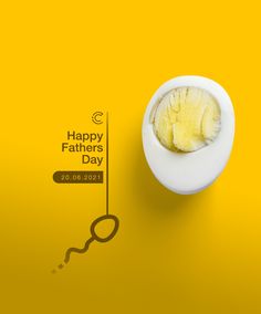 an image of a happy father's day card with banana inside the egg on yellow background