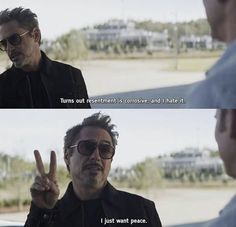 the avengers movie is shown in two different languages, one saying i just want peace