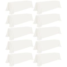 six white tablecloths are lined up in the shape of rectangles on a white background