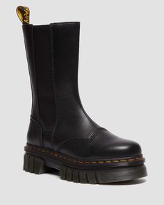 Audrick Tall Nappa Leather Platform Chelsea Boots in Black | Dr. Martens Tall Chelsea Boots, Dr Martens Audrick, Dr Martens Chelsea Boots, Dr Martens Chelsea, Platform Shoes Boots, Black Dr Martens, Boot Stand, Platform Chelsea Boots, Yellow Heels