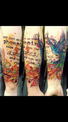 three different tattoos on the legs of people with colorful inks and words written in them