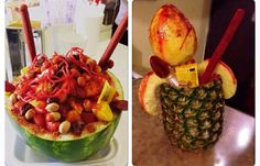 there are two pictures of different fruits and vegetables in the fruit bowl, one is made to look like an upside down pineapple