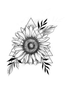 a black and white drawing of a sunflower with leaves on the bottom half of it