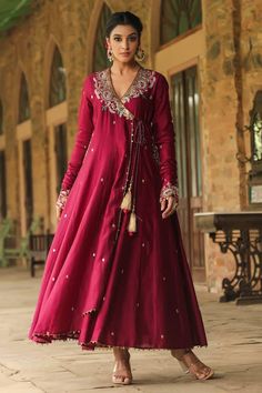 Wine angarakha anarkali with zardozi embroidered floral and paisley vine motifs, embellished by sequins. Comes with sequin embellished palazzo and dupatta. - Aza Fashions Anarkali Patterns, Palazzo Set, Buy Wine, Churidar, Set For Women, Anarkali, Aza Fashion, Types Of Sleeves, Paisley