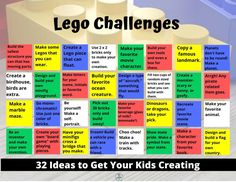 a poster with words and pictures on it that say lego challenge ideas to get your kids creating