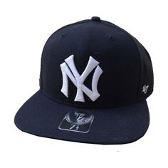 Navy Blue Flat Billed constructed baseball cap with New York Yankees logo embroidered applique on front, '47 on side, and New York on the back. Brand: Forty seven brand Collection: Cooperstown Collection Size: 7 1/2 Material: 85% Acrylic, 15% Wool Logo Baseball Cap For Baseball Season, Classic Logo Baseball Cap With Flat Brim, Classic Flat Brim Baseball Cap With Logo, Navy Flat Brim Baseball Cap For Streetwear, Navy Baseball Cap With Embroidered Logo, College Snapback Baseball Cap With Embroidered Logo, Navy Baseball Cap With Flat Bill For Streetwear, Navy Snapback Hat With Embroidered Logo For Streetwear, Navy Flat Bill Baseball Cap For Streetwear