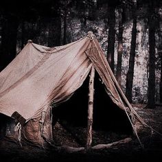 an old tent in the woods at night