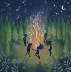 some people are dancing around a fire in the middle of a forest with trees and stars