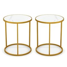 two gold metal and glass side tables, one with a marble top on each side