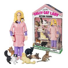 This Crazy Cat Lady action figure from Accoutrements makes the perfect gift for the crazy cat lady in your life. Posable 5.25-in. tall figure Includes figure & 6 cat figures Wipe clean Model number: 12470  Size: One Size. Color: Multicolor. Gender: unisex. Age Group: 15 & Up. Weird Toys, Crazy Cat Lady Gifts, Lady Cat, Cat Lady Gift, Gurren Lagann, Novelty Toys, E Card, Crazy Cat, Crazy Cat Lady