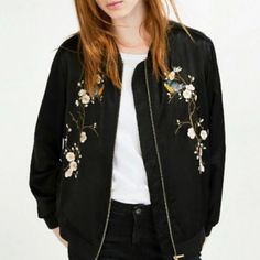 Brand New, Never Worn, Zara Floral Embroidered Bomber Jacket In Size Small, Sold Out Everywhere Winter Outerwear With Gold Embroidery And Long Sleeves, Spring Black Outerwear With Floral Embroidery, Black Outerwear With Embroidered Cuffs And Long Sleeves, Black Long Sleeve Outerwear With Embroidered Cuffs, Embellished Long Sleeve Outerwear With Multicolor Embroidery, Embellished Multicolor Embroidered Long Sleeve Outerwear, Fall Black Intricately Embroidered Outerwear, Zara Casual Outerwear With Floral Embroidery, Black Long Sleeve Outerwear With Floral Embroidery