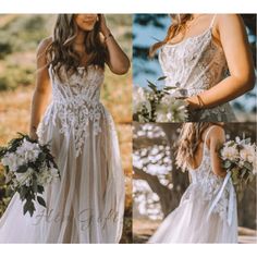 four photos of a woman in a wedding dress with flowers and greenery on her head