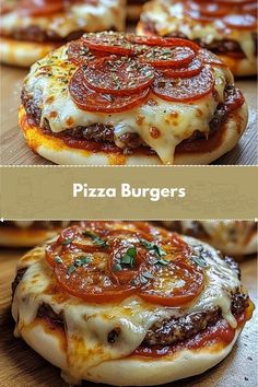 two different views of pizzas with cheese and tomatoes