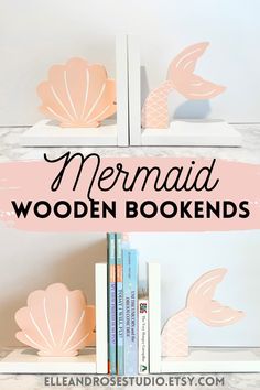 white wooden bookends with pink and white wooden mermaid tail and shell. Boho Mermaid Bedroom, Aesthetic Kids Bedroom, Mermaid Girls Room, Summer Reading 2023, Modern Boho Aesthetic, Daisy Bedroom, Kids Bedroom Accessories, Boho Mermaid, Aesthetic Kids