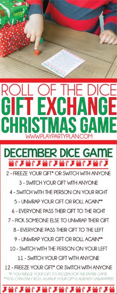 a flyer for a christmas game with an image of a child opening a gift box