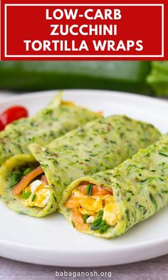 a white plate topped with tortilla wraps covered in guacamole sauce