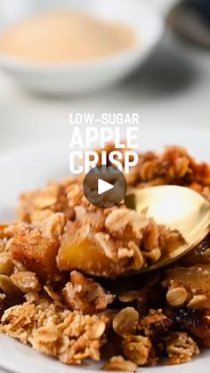 a white plate topped with apple crisp next to a bowl of oatmeal