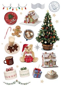 a christmas card with gingerbreads, cookies and other holiday treats on it's side