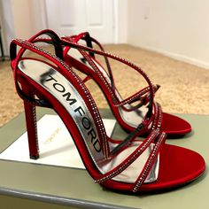 The Sandals Are A Deep Red, Darker Than Appearing In The Photo And Definitely Nicer In Person. The Crystals Give An Ombr Feel. Crystals On The Heel As Well. The Straps Are Wrap Around And Create An X On Ankle. Never Been Worn. Purchase Will Have Original Box And Dust Bags. Fit True To Size. Red Tom Ford Heels, Red High Heel Sandals For Formal Occasions, Red High Heel Sandals For Evening, Glamorous Formal Sandals With Red Sole, Elegant Red Sandals For Party, Holiday Cocktail Sandals, Luxury Red Ankle Strap Sandals, Red Leather Sandals For Party, Red Pointed Toe Evening Sandals