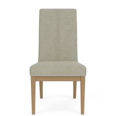 a beige upholstered dining chair with wooden legs and backrests on an isolated white background