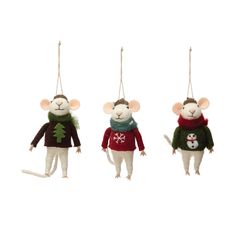 Made out of wool felt, these cute mice ornaments come in 3 styles with festive outfits. Mice Ornaments, Needle Felted Mice, Felted Mice, Cute Mice, Felted Christmas, Festive Outfits, Needle Felted Christmas, Girl Holiday, Gift Subscription Boxes