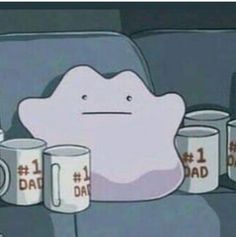 a cartoon character sitting on a couch with two mugs in front of him and the caption that says, dad