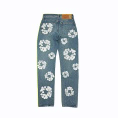 Levi's x Denim Tears 'Cotton Wreath' jeans in a medium blue wash with an all-over white floral painted pattern with copper hardware. Brand = Levi's Size = 27 Condition = 10/10, Brand new Material = Cotton SKU = 23325-10 Cheap Spring Jeans With Letter Print, Denim Tears Jeans, Denim Tears, Copper Hardware, Cotton Wreath, Torn Jeans, New Material, Denim Jeans Men, Outerwear Sweater