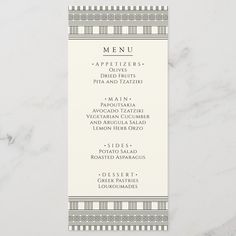 a white and black striped menu card on a marble table top with the words, appetizers, pizza and pizzeria