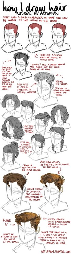 the instructions for how to draw hair with different angles and shapes, including one in red