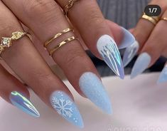 Nail Inspiration Stilleto, Coffin Winter Nail Ideas, January Acrylic Nail Ideas, Snow Nails, Winter Nails Acrylic, Her Nails, Snowflake Nails, Festival Nails, Xmas Nails