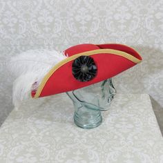 Red Captain Hook Hat- Red Pirate Hat with Gold Trim, White Feathers, and a Gold, Black, or White Coc Red Pirate Hat, Pirate Crew, Pirate Hat, Ahoy Matey, Seven Seas, Pirate Hats, Captain Hook, White Feathers, Lost Boys