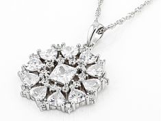 Bella Luce® white diamond simulant 5.38ctw square, heart, and round, rhodium over sterling silver heart pendant with chain. Pendant measures approximately 1.00" L x 0.75" W and has a 2mm bail opening. Includes a 18.00" L x 0.03" W Singapore chain that has a 2" extender and lobster claw clasp closure. The diamond equivalent weight is 3.26ctw. Fine Jewelry With Diamond-shaped Cubic Zirconia, Fine Jewelry Cubic Zirconia Diamond-shaped, White Diamond-shaped Jewelry With Prong Setting, Sterling Silver Diamond-shaped Jewelry With Prong Setting, White Diamond-shaped Jewelry Gift, Sterling Silver Jewelry With Diamond Shape And Prong Setting, White Diamond-shaped Jewelry For Anniversary, White Diamond-shaped Jewelry With Brilliant Cut, White Brilliant Cut Diamond-shaped Jewelry