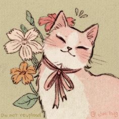 a drawing of a cat with flowers in its mouth