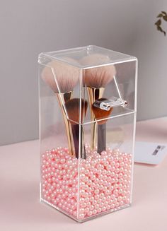 Elegant Brush Holder With Beautiful Pearl That Holds Your Brush Upright Brush Holder With Lid - Makeup brush holder with hinged design for easy opening and closing, and the lid of this brush holder ensures your makeup brush is not stained by dust. Comes with beautiful white and pink pearl beads to keep your makeup brushes upright.Space Saver - This makeup brush organizer can hold about 15-20 makeup brushes of different sizes. Our fashionable and functional makeup organizer will help you reduce countertop clutter and allow you to store your makeup brushes within reach when you need them. Waterproof - Our brush holder makeup brush organizer is waterproof, dustproof, washable, easy to clean, and suitable for bathroom use. Product Specification: Material: Plastic Size: Hexagon - 12.5 x 11 x 22 Makeup Bead Holder, Beads Makeup, Beads Organizer, Makeup Brush Organizer, Brush Organizer, Brush Storage, Makeup Brush Organization, Makeup Brush Storage, Makeup Brush Holder