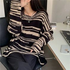 Retro Striped Sweaters Women Loose Patchwork Knitted Jumpers Vintage Streetwear Punk Gothic Long Sleeve Oversize Pullover Oversized Punk Sweater For Fall, Oversized Punk Sweater For Winter, Oversized Punk Winter Sweater, Black Oversized Sweater With Edgy Style, Black Oversized Edgy Sweater, Edgy Oversized Black Sweater, Oversized Edgy Winter Sweater, Edgy Oversized Winter Sweater, Black Patchwork Sweater For Streetwear