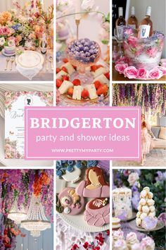 a collage of pictures with flowers, cakes and desserts on it that says bridaleton party and shower ideas