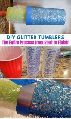 three different pictures with the words diy glitter tumblers and two cups filled with liquid