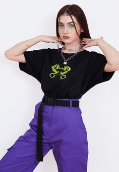 "Dragon T-shirt. High-quality classic cut T-shirt with a neon green dragon embroidery, designed by us and made in Poland. The model is 168 cm (5'6\") and wears size L. JOIN US ON INSTAGRAM 🌹 http://instagram.com/blvck.pl 🏷 PRODUCT DETAILS 🏷 Embroidery Crew neck 100% High-quality Cotton Made in Poland 📏 SIZING & FIT 📏 All our sweatshirts and T-shirts are unisex. Measurements (width/length) XS - 49/64 cm (19\"/25\") S - 51/68 cm (20\"/27\") M - 53/70 cm (21\"/27.5\") L - 55/72 cm (21.5\"/ Alternative Style Short Sleeve Screen Print Shirt, Alternative Style T-shirt For Spring Streetwear, Alternative Style Short Sleeve Cotton Shirt, Short Sleeve Tops With Embroidered Graphics For Streetwear, Punk Style Cotton T-shirt For Summer, Edgy Cotton Short Sleeve Shirt, Alternative Style Short Sleeve Shirt With Relaxed Fit, Summer Punk Style Crew Neck Shirt, Alternative Style Crew Neck Cotton Shirt