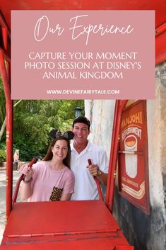 a man and woman standing in front of a red cart with the words our experience capture your moment photo session at disney's animal kingdom