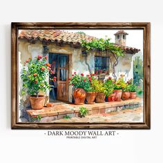 a painting of a house with potted plants