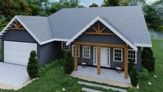 this is an artist's rendering of the front elevation of a house with two garages